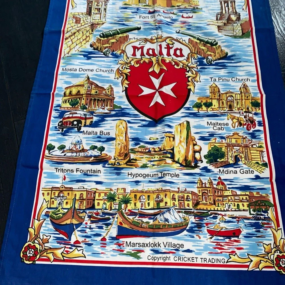 Vintage cricket Tea Towel Souvenir MALTA Landmarks‎